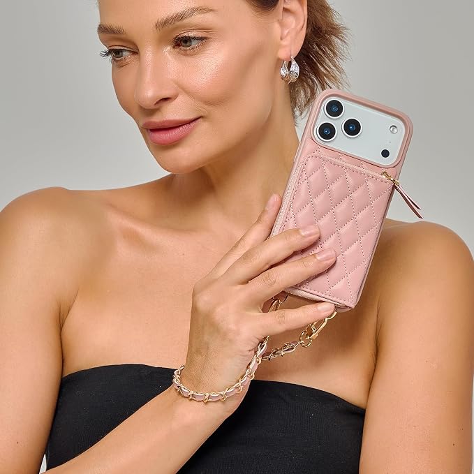 LAMEEKU for iPhone 17 Pro Case Wallet with Card Holder, Wrist Strap Crossbody Phone Cover for Women 6.3" Pink