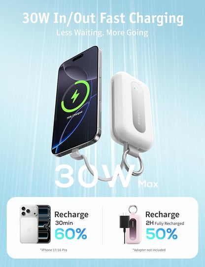 RORRY CharmGo Portable Charger 20000mAh 30W Power Bank 4 in 1 Battery Pack | Built-in Cables,Fast Charging,Keychain,Travel Essentials,Portable,for iPhone 17/16/15/14/13,for iPad Air/Pro,for AirPods