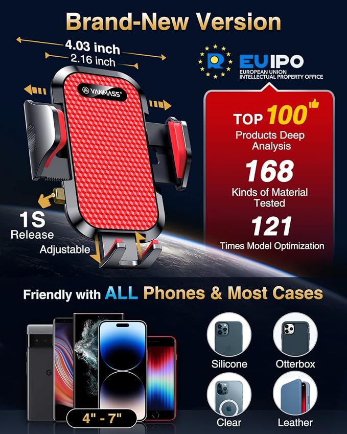 VANMASS 2026 Phone Holders for Your Car Ultimate Military-Grade Car Phone Holder Mount【Patent & Safety Certs】 Upgraded Shockproof Truck Air Vent Phone Mount for iPhone Samsung Android,Light Red