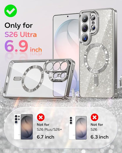 Meifigno Magnetic Case Designed for Samsung Galaxy S26 Ultra 6.9", [Compatible with MagSafe] [Removable Glitter Card & Wrist Strap], Surround Lens Protection Case for Galaxy S26 Ultra, Silver