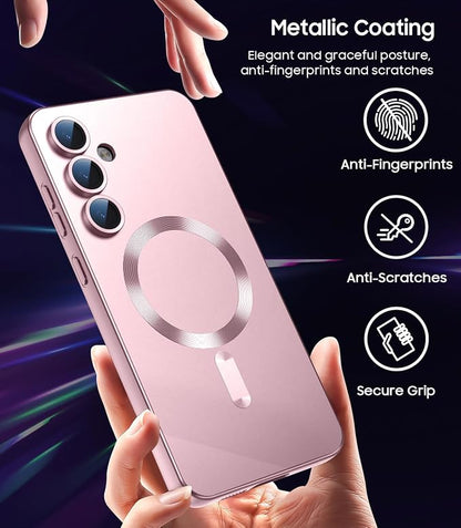 Magnetic for Samsung Galaxy S24 FE Case [Compatible with MagSafe][Built-in Camera Lens Protector] Slim Soft Silicone Bumper Shockproof Metallic Luster Phone Cover (Rose Gold)