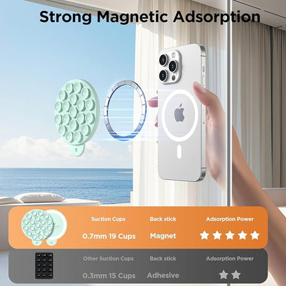 Magnetic Suction Cup Phone Mount, Compatible with MagSafe, Silicone Octo Cup Buddy Sticky Grip Holder for iPhone and Android, Removable Hands-Free Selfie/Video for TikTok, Mint Green
