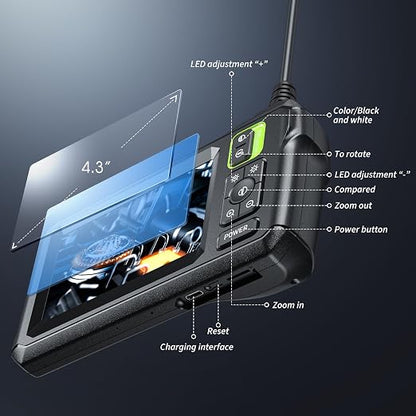 Endoscope Camera with Light, Inspection Borescope Camera with 4.3" IPS Screen, 1920P HD with 8 LED Lights, 16.5FT Semi-Rigid Cord Bore Scope, IP67 Waterproof Endoscope for Sewer, Tools(Green)