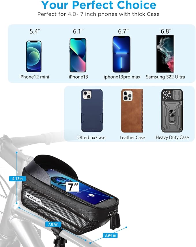 whale fall Waterproof Bike Frame Bag - [Quick Release] [Hard Shell] 2 in 1 Bike Phone Holder Mount, Bicycle Top Tube Bag with Sensitive Touchscreen, Bike Accessories for Phones Under 7"