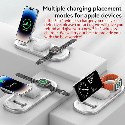 3 in 1 Fast Wireless Charger Stand for iPhone, Foldable Travel Charging Station for Magsafe for iPhone 17/Air/16/15/14/13/12 Series, Apple Watch Series, AirPods pro/2/3/4, Gifts for Women Men (Silver)