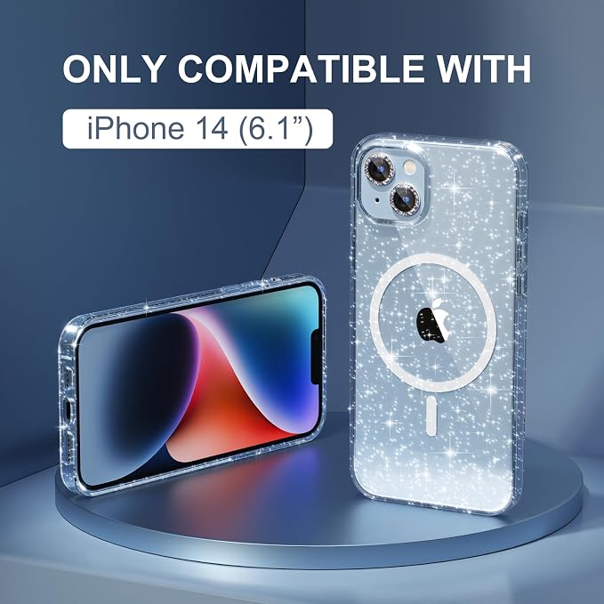 Choiche Magnetic Case for iPhone 14 Case, Women Clear Glitter Bling Sparkly Case, [2xDiamond Camera Lens Protectors] [2xTempered Glass Screen Protectors] [Compatible MagSafe] (Glitter Clear)