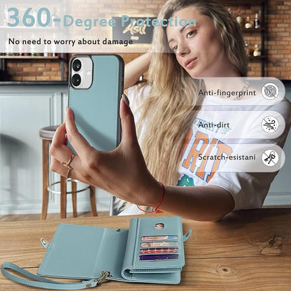 for Wallet Case Compatible with iPhone 16 Plus,Multi-Function Detachable 2 in 1 Magnetic iPhone 16 Plus Case Wallet,Flip Strap Zipper Card Holder Phone Case with Shoulder Straps (Blue)