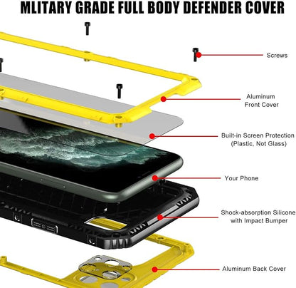 Mitywah Waterproof Case for iPhone 11 Pro Max, Heavy Duty Military Grade Phone Case Built-in Screen Protection, 360° Full Body Protector Metal Rugged Case, Yellow