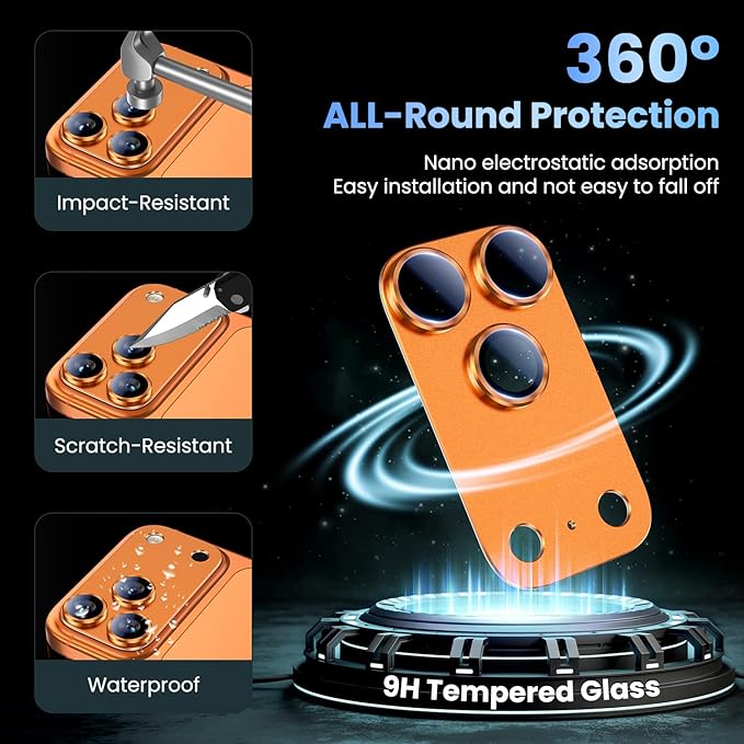 Uyiton Compatible with iPhone 17 Pro Camera Lens Protector - [Not Easy to Break][Strong Adsorption][Case-Friendly] Metal Tempered Glass Rear Camera Screen Cover - Cosmic Orange, 2 Packs