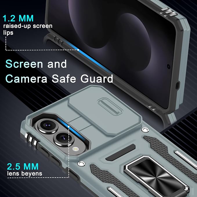 DEERLAMN Case for Samsung Galaxy S25 Edge with Slide Camera Cover+Screen Protector (1 Pack), Rotated Ring Kickstand Military Grade Shockproof Protective Cover-Grey
