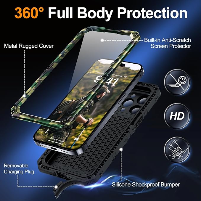 Mitywah Waterproof Case for iPhone 15 Pro, Heavy Duty Shockproof Case with Built-in Screen Protector, Full Body Underwater Protective Metal Case 6.1 inch, Camouflage