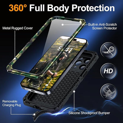 Mitywah Waterproof Case for iPhone 15 Pro, Heavy Duty Shockproof Case with Built-in Screen Protector, Full Body Underwater Protective Metal Case 6.1 inch, Camouflage
