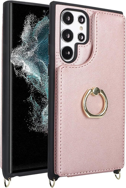 Lipvina for Samsung Galaxy S22 Ultra Case with Card Holder and Strap for Women,Crossbody Lanyard,RFID Blocking,Ring Stand,Snap Clasp,Phone Wallet Cases 6.8 inch(Rose Gold)