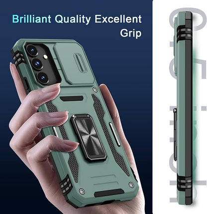 DEERLAMN Case for Samsung Galaxy S24 FE 6.7-Inch with Slide Camera Cover+Screen Protector(1 Pack), Rotated Ring Kickstand Military Grade Shockproof Protective Cover-Green