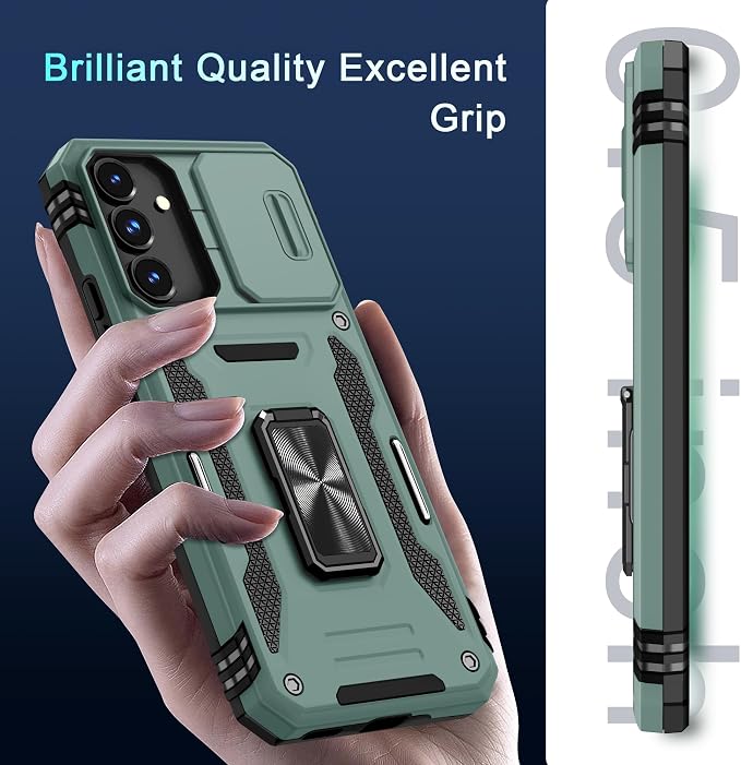 DEERLAMN Case for Samsung Galaxy S25 6.2-Inch with Slide Camera Cover+Screen Protector (1 Pack), Rotated Ring Kickstand Military Grade Shockproof Protective Cover-Green