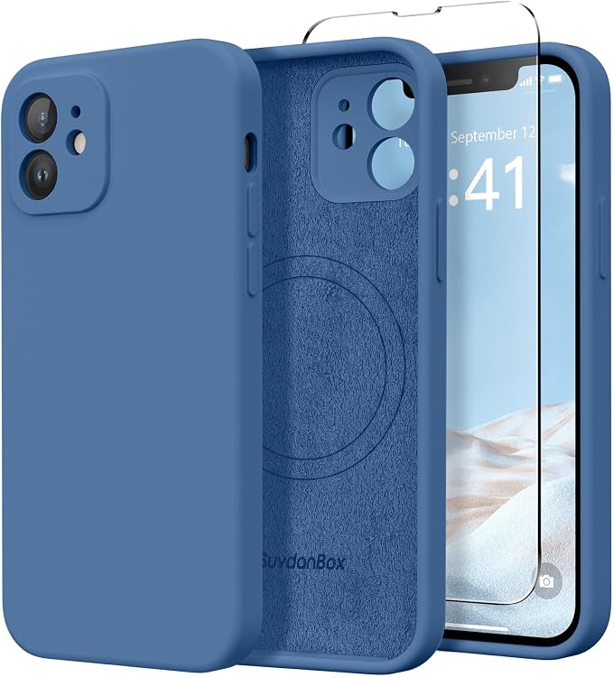Magnetic for iPhone 12 Case, Compatible with MagSafe, [Full Camera Protection][Screen Protector] Silicone Shockproof Protective Phone Case for iPhone 12 6.1", Lake Blue