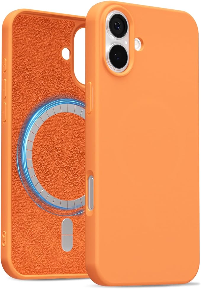 for iPhone 16 Plus Case Silicone Compatible with Magsafe Case, Ultra Slim Thin Magnetic Phone Cases Mag Safe, Cute Soft Rubber Gel TPU Matte Plain Wireless Charging Cover for Women, Neon Orange