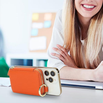 Cavor Compatible with MagSafe Wallet Genuine Leather Cash Wallets for Women, Magnetic Phone Wallet for iPhone 17 Pro Max/16/15/14/13/12, id Credit Card Holder with Mag safe Keychain-Orange