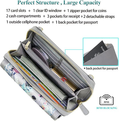 Peacocktion Crossbody Bags for Women RFID Wristlet Wallets Travel Vegan Leather Small Clutch Purses with Phone Pocket Zipper
