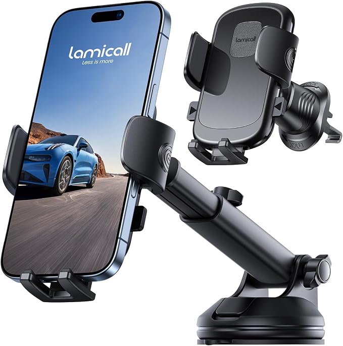 Lamicall Phone Mount for Car [3-in-1 Military-Grade Suction Cup] 360° Rotation Phone Holders for Your Car [Metal Hook] Cell Phone Car Mount Dashboard Vent Windshield All Smartphone LeatherGrain