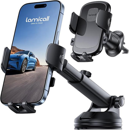 Lamicall Phone Mount for Car [3-in-1 Military-Grade Suction Cup] 360° Rotation Phone Holders for Your Car [Metal Hook] Cell Phone Car Mount Dashboard Vent Windshield All Smartphone LeatherGrain