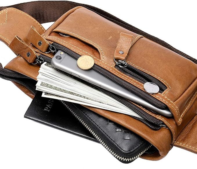 Hebetag Leather Waist Bag Fanny Pack for Men Women Travel Outdoor Sports Hiking Running Hip Bum Belt Slim Cell Phone Purse Wallet Thigh Pouch (Brown)