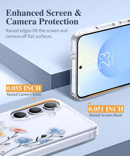 GVIEWIN for Samsung Galaxy S25 Plus Case, Clear Floral Slim Shockproof Protective Women Phone Case, Non-Yellowing, with Screen Protector & Camera Lens Protector for S25 Plus 6.7", Aconite/Light Blue | Non Yellowing, Clear, Floral, Hard