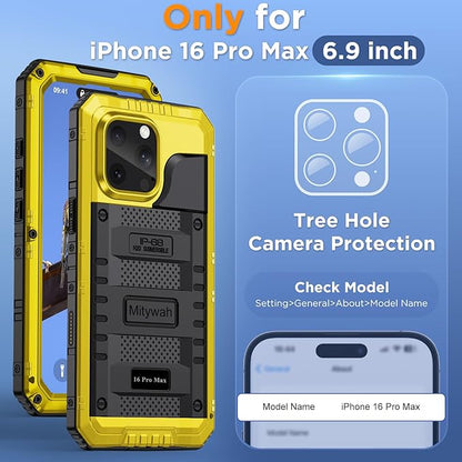 Mitywah Waterproof Case for iPhone 16 Pro Max, Heavy Duty Metal Cover with Built-in Screen Protector, Military Grade Full Body Shockproof Rugged Protective Phone Case 6.9 inch, Yellow