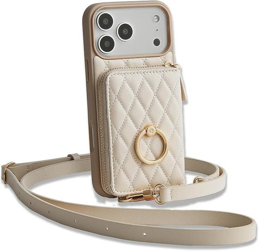 ZVE for iPhone 17 Pro Max Case Wallet with Card Holder, 360° Rotation Ring Stand Crossbody Wallet Cover 6.9 Inch-Beige