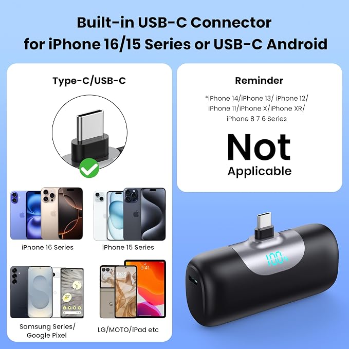[2 Pack]Mini Portable Charger for iPhone 17/16,5500mAh LCD Display USB C Power Bank,Fast Phone Charging Travel Pocket Size Battery Pack for iPhone 17/17 Pro Max/Air/16/15 Series,Android(Black+Black)