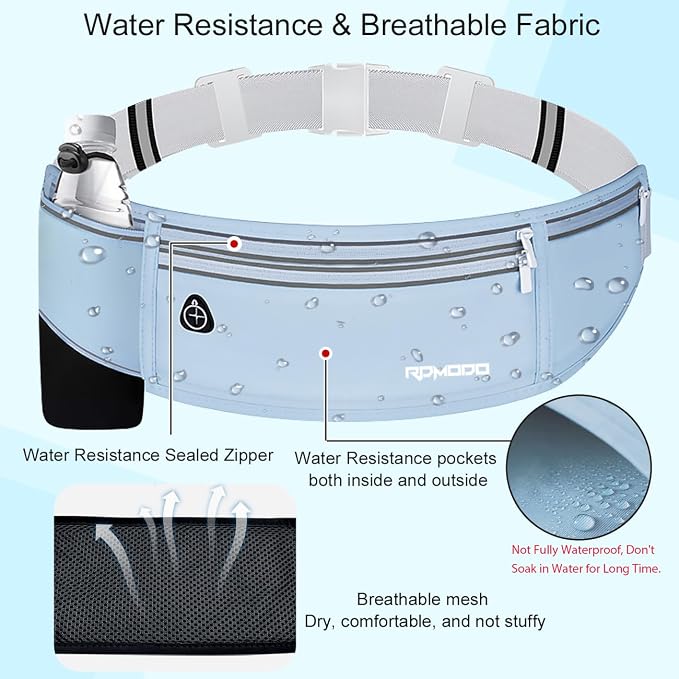 Water Resistant Fanny Pack for Men Women, Running Belt Waist Pack with Bottle Holder, Lightweight Phone Holder for Running Jogging Workout, Adjustable Money Belt for iPhone 16 17 Samsung（Blue）