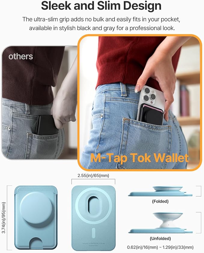 Sinjimoru for MagSafe Phone Grip, Compatible with MagSafe wallet, Soft Magnetic Finger Grip, with 3 Card Holder for iPhone, M-Tap Tok Wallet Blue