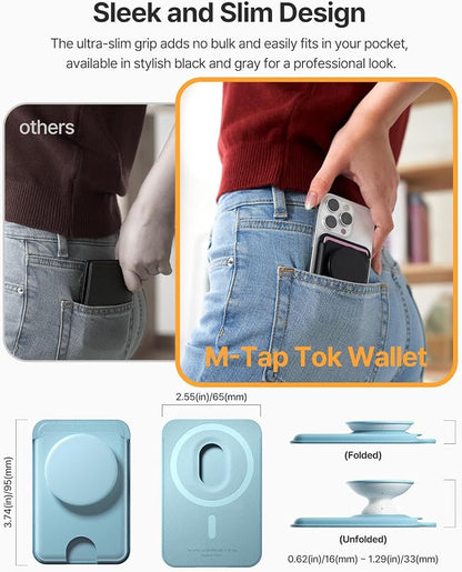 Sinjimoru for MagSafe Phone Grip, Compatible with MagSafe wallet, Soft Magnetic Finger Grip, with 3 Card Holder for iPhone, M-Tap Tok Wallet Blue
