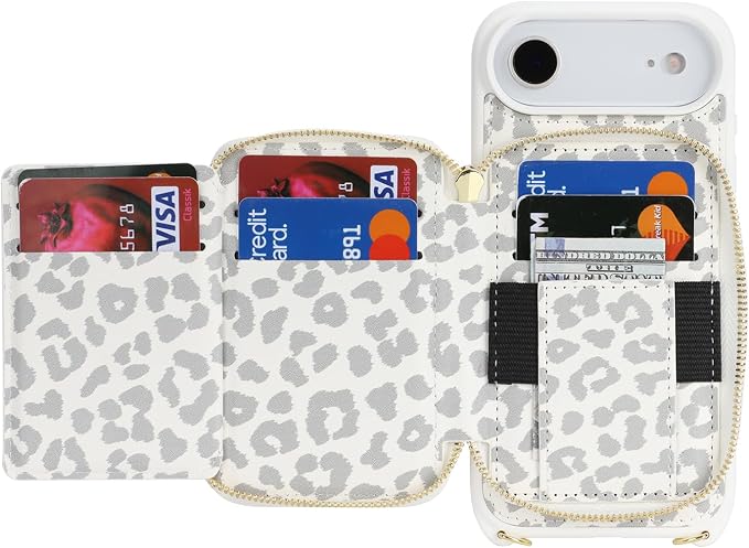 Crossbody Wallet Case for iPhone Air, PU Leather Zipper Handbag Purse Flip Cover, Kickstand Folio Case with Card Slots Holder Wrist Strap Lanyard 5G 6.5 Inch-White Leopard