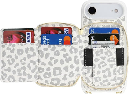 Crossbody Wallet Case for iPhone Air, PU Leather Zipper Handbag Purse Flip Cover, Kickstand Folio Case with Card Slots Holder Wrist Strap Lanyard 5G 6.5 Inch-White Leopard