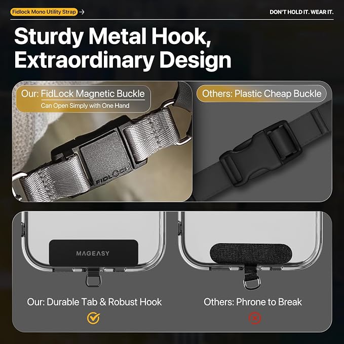MAGEASY 20mm FidLock Mono Crossbody Utility Strap- Adjustable Crossbody Phone Lanyard with Magnetic Quick Release Buckle, Universal Durable Strap for iPhone 16 Pro Max & Most Smartphones - Black
