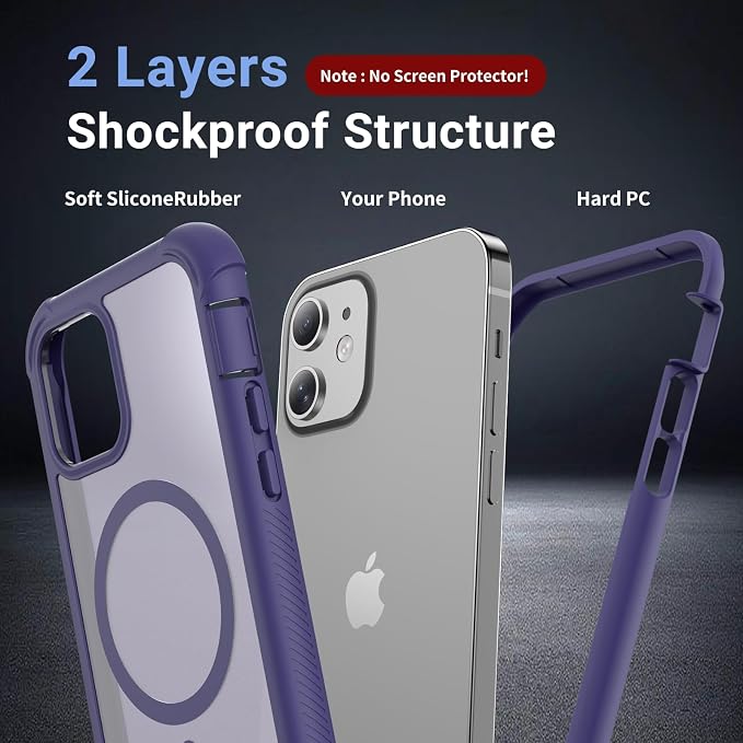 jaroco Magnetic for iPhone 12/12 Pro Case, [Compatible with MagSafe][Military Grade Drop Protection][Heavy Duty Protection][Non-Slip][Shockproof] 2-Layer Durable Bumper Phone Case 6.1''-Dark Purple