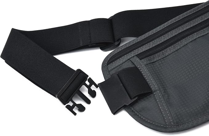 RFID Blocking Money Belt for Men Women, Slim Fanny Pack for Travel，Running,Conceal Waist Wallet for Passport Holder,Phone,Cash(Black Dark Grey)