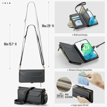 Strapurs Crossbody Wallet Case Compatible with Samsung Galaxy S22 5G RFID Blocking Card Holder Soft PU Leather Magnetic Snap Shoulder Strap Zipper Pocket Phone Case Fit for Galaxy S22 6.1" - Black