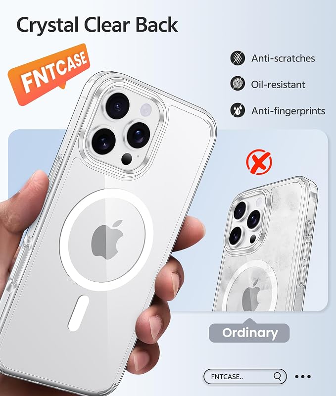 FNTCASE for iPhone 16 Pro Max Case, Fit for Magsafe, Glass Screen Protector | Anti Yellowing, Magnetic Phone Cases, 14FT Military Grade Drop Protection, Slim Shockproof Protective Cover, Clear