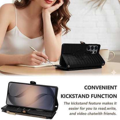 Crossbody Wallet Case for Samsung Galaxy S26 Ultra with Mirror, Wrist Strap, Zipper Purse Magnetic Flip, RFID Blocking Card Holder, PU Leather Shockproof Women (Black)