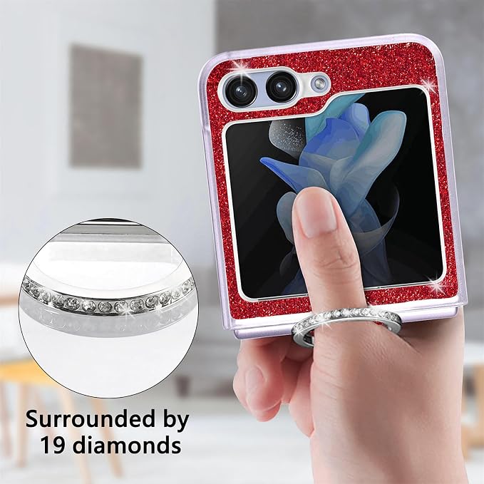 Bling Glitter Case for Samsung Galaxy Z Flip 6 with Ring Holder,Women Girls Cute Phone Case Non Slip Ultra Slim TPU Bumper Shockproof Protective Case for Galaxy Z Flip 6 5G 2024,Red