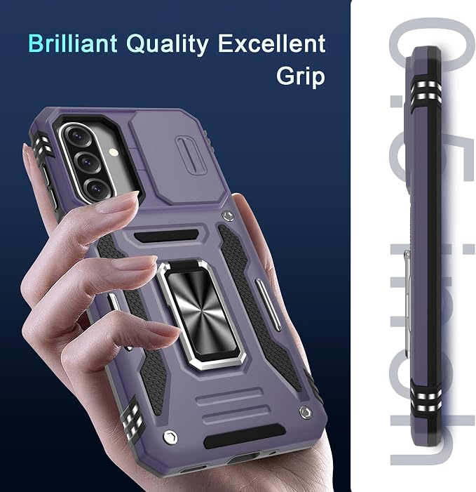 DEERLAMN Case for Samsung Galaxy A17 5G with Slide Camera Cover+Screen Protector (1 Pack), Rotated Ring Kickstand Military Grade Shockproof Protective Cover-Deep Purple