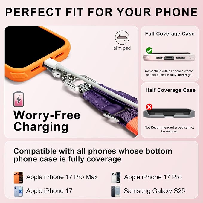 Phone Lanyard Crossbody with 2 Phone Tabs, Adjustable Anti Theft Phone Strap for iPhone & Android, Universal Skin-Friendly Cell Phone Neck Lanyard for Travel Hiking Cycling Shopping (Purple)