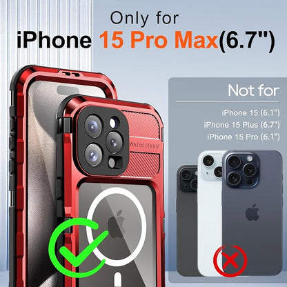 WIFORT for iPhone 15 Pro Max Waterproof Case - Metal Shockproof Phone Case Built-in Screen Protector [IP68 Water Proof][14FT Military Grade ], Heavy Duty Full Body Drop Protection Cover, 6.7" Red