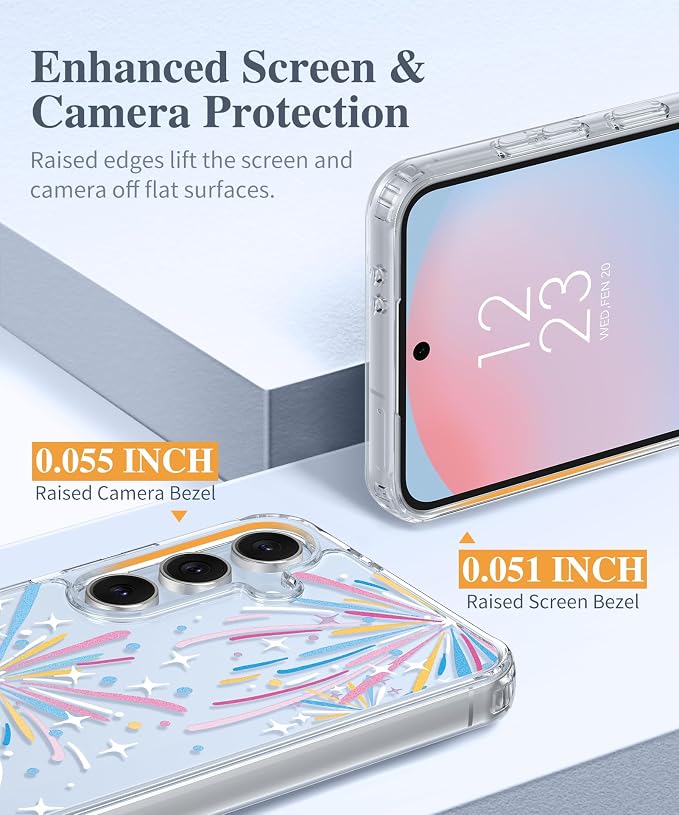 GVIEWIN for Samsung Galaxy S24 FE Case, Clear Floral Slim Shockproof Protective Women Phone Case, Non-Yellowing, with Screen Protector & Camera Lens Protector for S24 FE 6.7", Fireworks