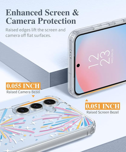 GVIEWIN for Samsung Galaxy S24 FE Case, Clear Floral Slim Shockproof Protective Women Phone Case, Non-Yellowing, with Screen Protector & Camera Lens Protector for S24 FE 6.7", Fireworks
