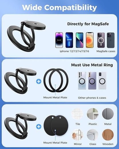 SUPERONE Dual Magnetic Phone Ring Holder, 1/4" Screw Tripod Mount Adapter, Magsafe Holder with Screw Hole Attach iPhone to Iron Object, MagSafe Phone Stand for iPhone 16 15 14 13 12 MagSafe Case