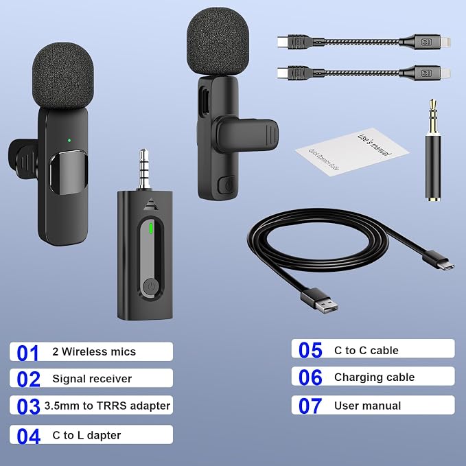 2-Pack Wireless Mini Lavalier Lapel Microphone for iPhone,Android Device(4 in 1) - 65ft Cordless Clip on Dual Mics with Noise Reduction 6H Working Time for Video Recording Vlogging, YouTube, Interview