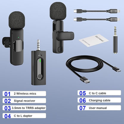 2-Pack Wireless Mini Lavalier Lapel Microphone for iPhone,Android Device(4 in 1) - 65ft Cordless Clip on Dual Mics with Noise Reduction 6H Working Time for Video Recording Vlogging, YouTube, Interview